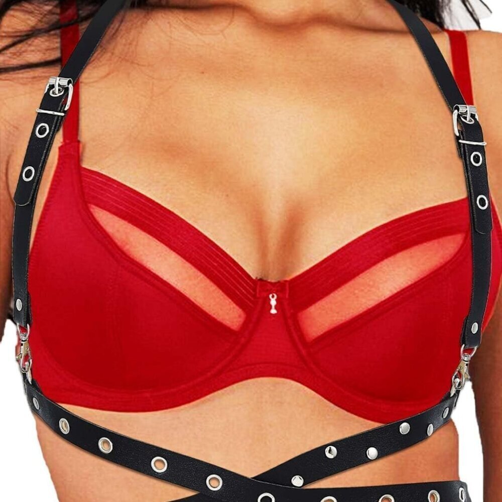 Leather Harness Belt Women Black Rave Body Accessory Adjustable Chain